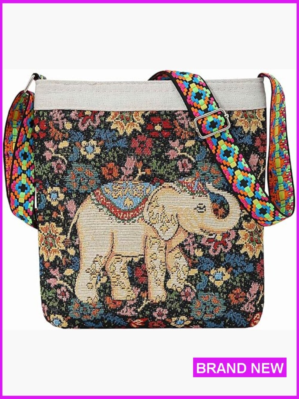 Embroidered Elephant Crossbody Bag Boho Hippie Handbag Hobo Purse Zipper Closure